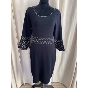 Nina Leonard Knit Black Gold Stitching Jacquard Trumpet Sleeve Cocktail Party